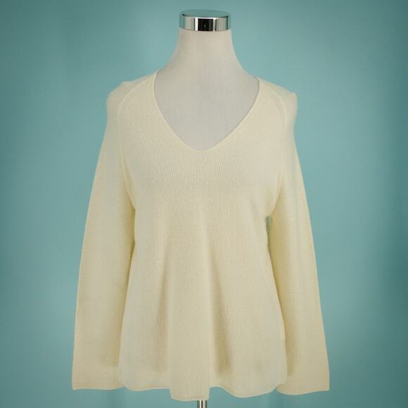 Vince Size XS Ivory Ribbed Deep V Neck Long Sleeve 100% Cashmere Knit Sweater - Picture 1 of 6